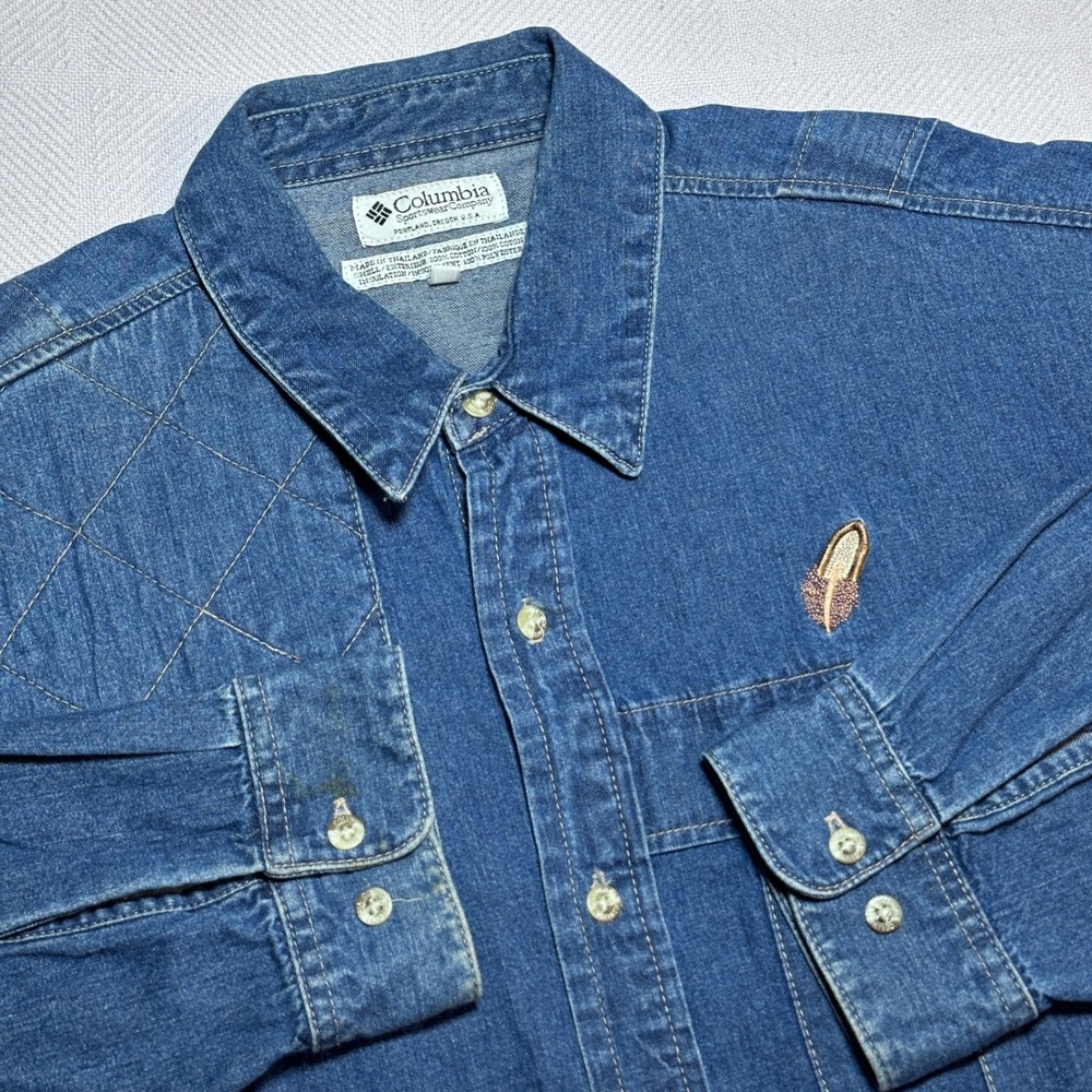 Vintage Columbia Denim Shooting Shirt Mens XL Quilted Shoulder Medium Wash‎ Blue